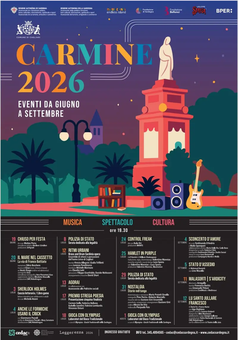 Carmine 2026 a Cagliari, manifesto ufficiale con il calendario degli eventi estivi della rassegna | In Sardegna con Dani