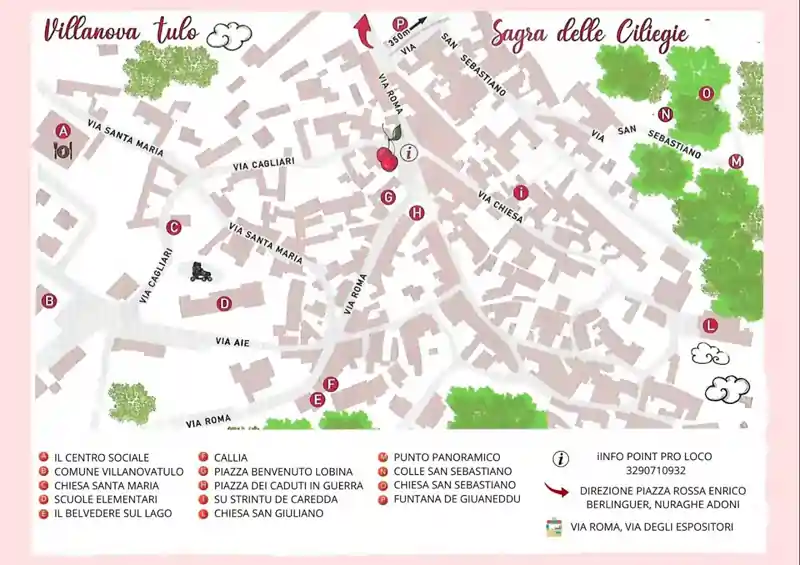 Cartina stradale del centro di Villanova Tulo, con i monumenti e i luoghi di interesse | In Sardegna con Dani