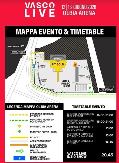 Concerto Vasco Rossi Olbia 2026, timetable | In Sardegna con Dani