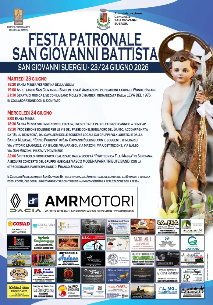 Festa patronale di San Giovanni Suergiu 2026, locandina con il programma completo | In Sardegna con Dani