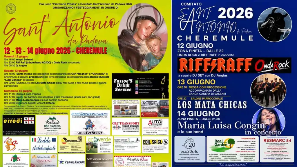 Festa Sant'antonio Cheremule 2026, manifesti con il programma religioso e civile | In Sardegna con Dani