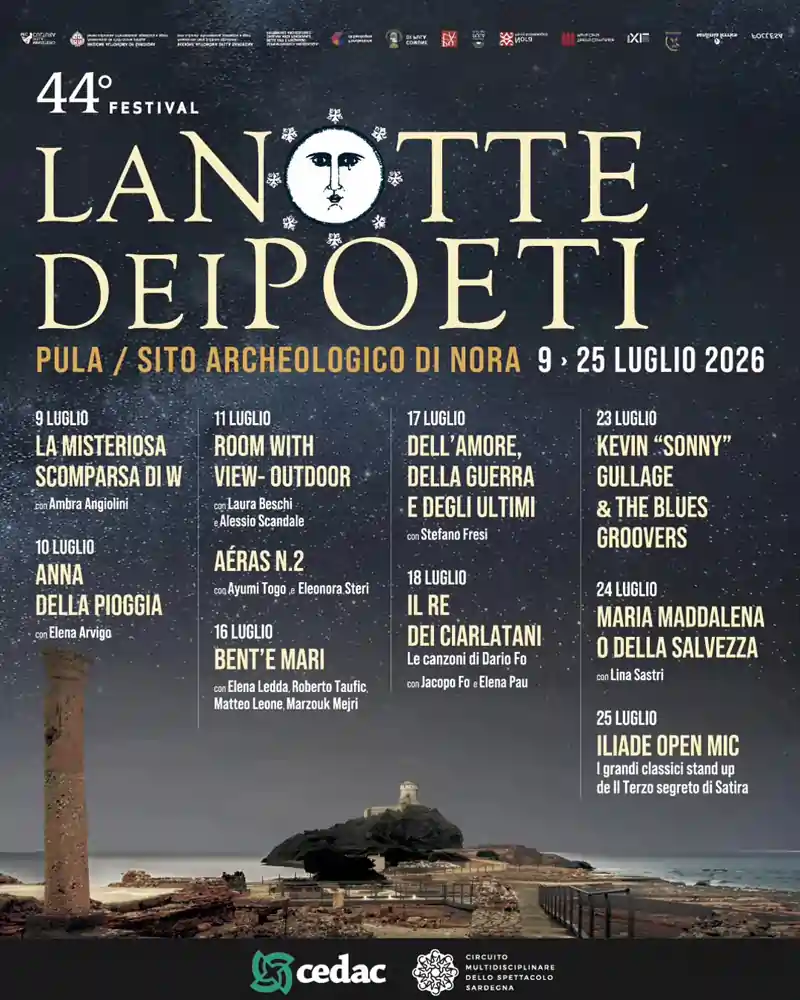 Notte dei poeti Nora 2026, manifesto con il programma del festival di Pula | In Sardegna con Dani