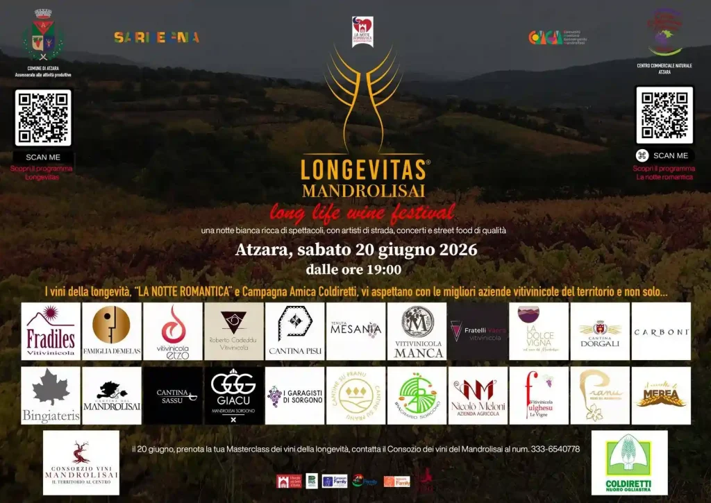 Longevitas Mandrolisai 2026 ad Atzara, manifesto con tutti i dettagli e le 21 cantine partecipanti | In Sardegna con Dani