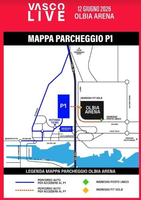 Concerto Vasco Rossi Olbia 2026, area parcheggio e percorso a piedi | In Sardegna con Dani