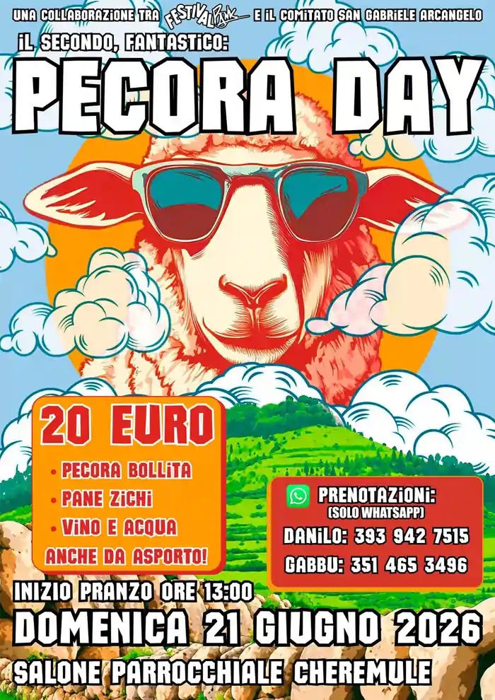 Pecora Day 2026 a Cheremule, manifesto con il programma ufficiale, il menù e i numeri Whatsapp per le prenotazioni | In Sardegna con Dani
