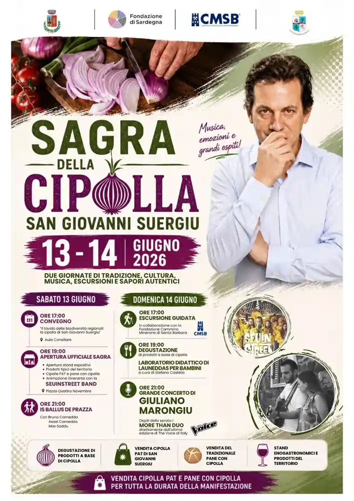 Sagra della cipolla di San Giovanni Suergiu 2026, locandina con il programma ufficiale | In Sardegna con Dani