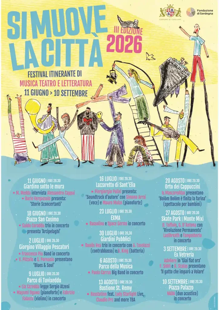 Si muove la città 2026 a Cagliari, manifesto ufficiale con il calendario degli eventi estivi della rassegna | In Sardegna con Dani