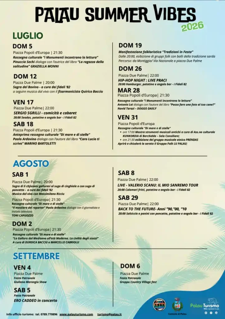 Manifesto con il calendario degli eventi in programma a Palau a luglio, agosto e settembre 2026 | In Sardegna con Dani 