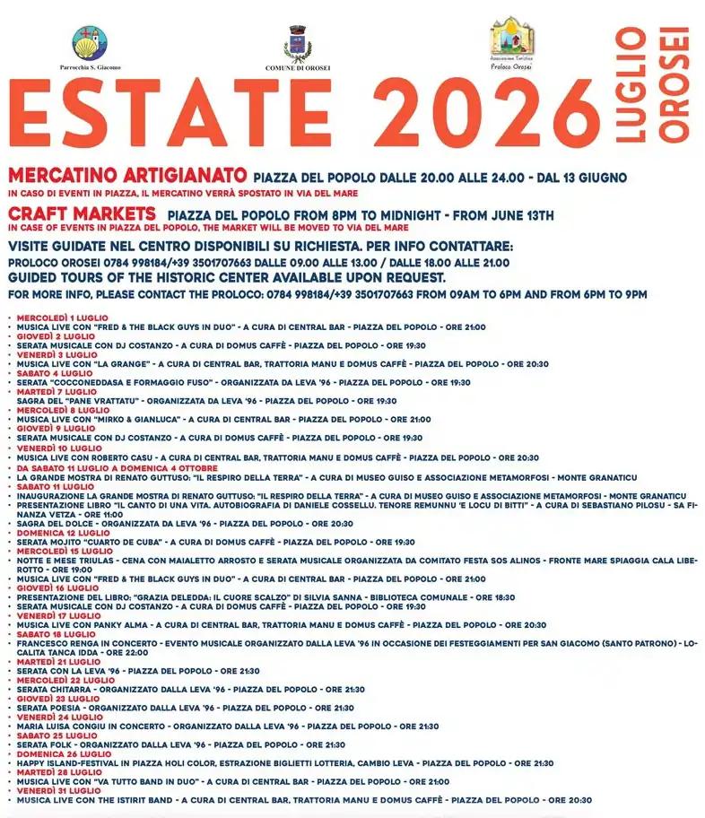 Calendario eventi ufficiale per il mese di luglio 2026 a Orosei | In Sardegna con Dani