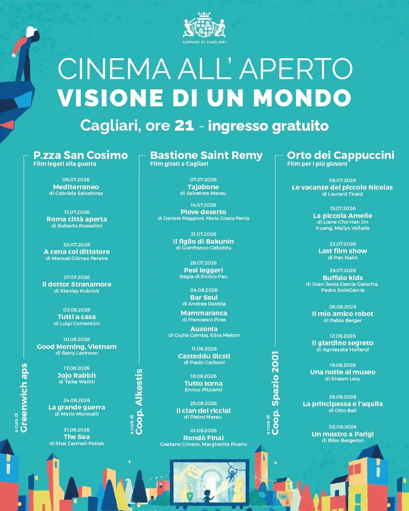Programma cinema all'aperto Cagliari 2026, manifesto con tutti i film e le proiezioni in programa | In Sardegna con Dani