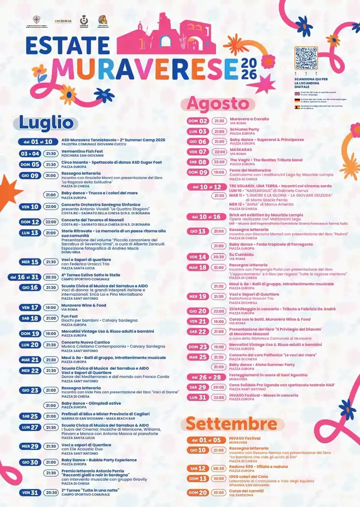Locandina estate muraverese 2026, con il calendario completo degli eventi di luglio, agosto e settembre 2026 | In Sardegna con Dani