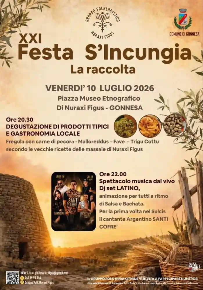 Festa de s'incungia 2026 a Nuraxi Figus, locandina ufficiale con data e programma completo | In Sardegna con Dani