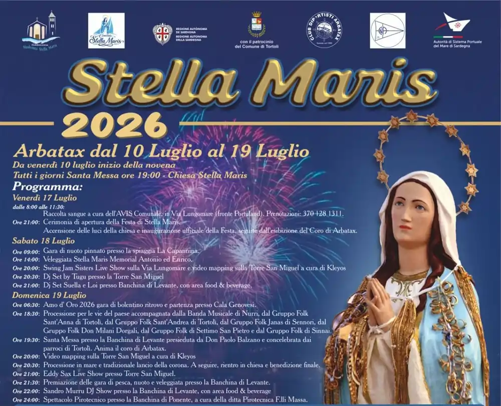 Festa Stella Maris Arbatax 2026, manifesto con il programma completo: religioso e civile| In Sardegna con Dani
