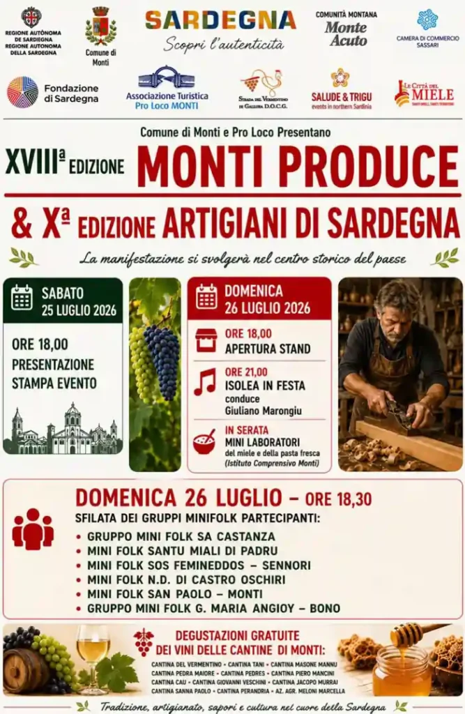 Monti Produce 2026, locandina con programma, date e orari dell'evento | In Sardegna con Dani