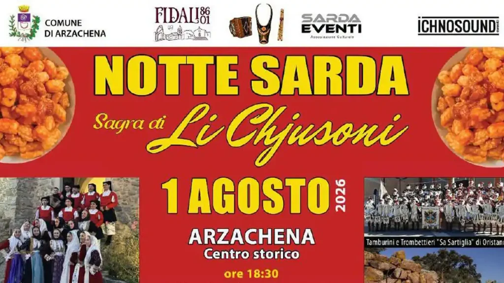 Notte Sarda e sagra di li chjusoni 2026 ad Arzachena, manifesto con data, location e orario | In Sardegna con Dani