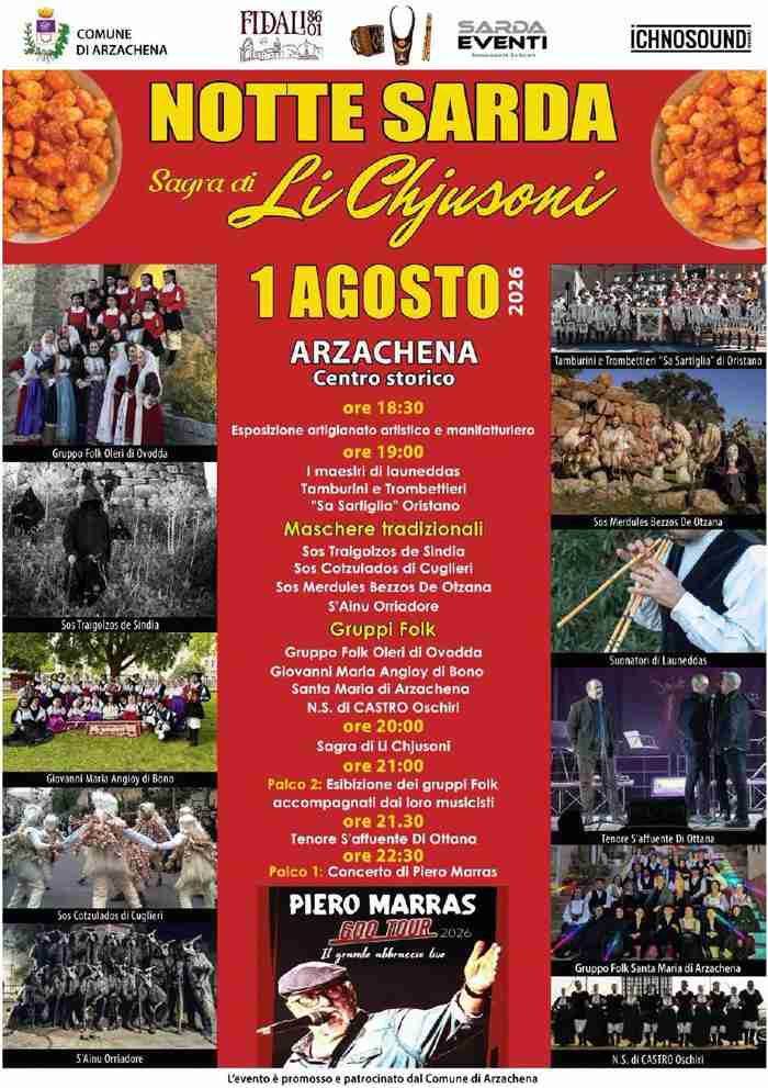 Notte Sarda e Sagra di li Chjusoni 2026 ad Arzachena, locandina con il programma ora per ora dell'evento | In Sardegna con Dani