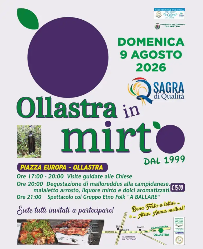 Ollastra in Mirto 2026, manifesto con il programma completo di data, orari, menù e prezzo | In Sardegna con Dani