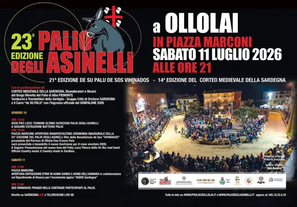 Palio degli Asinelli 2026 a Ollolai 2026, manifesto con date e programma ufficiale della 23ma edizione | In Sardegna con Dani