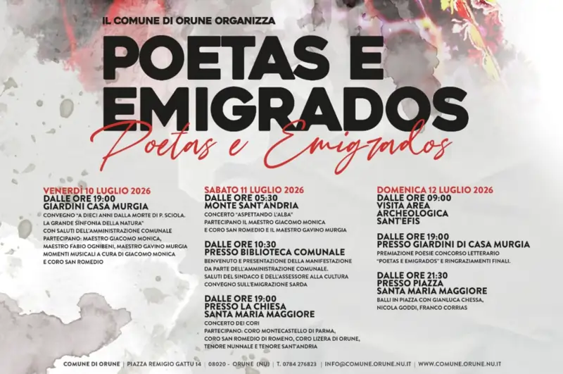 Poetas e emigrados 2026 a Orune, manifesto con date e programma | In Sardegna con Dani