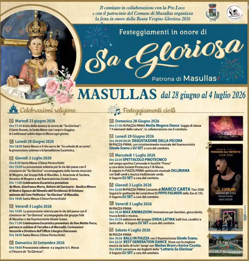 Programma Sa Gloriosa Masullas 2026, manifesto con eventi religiosi e civili | In Sardegna con Dani