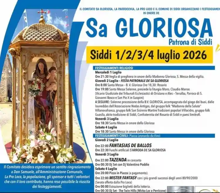 Programma Sa Gloriosa Siddi 2026, manifesto con eventi religiosi e civili | In Sardegna con Dani