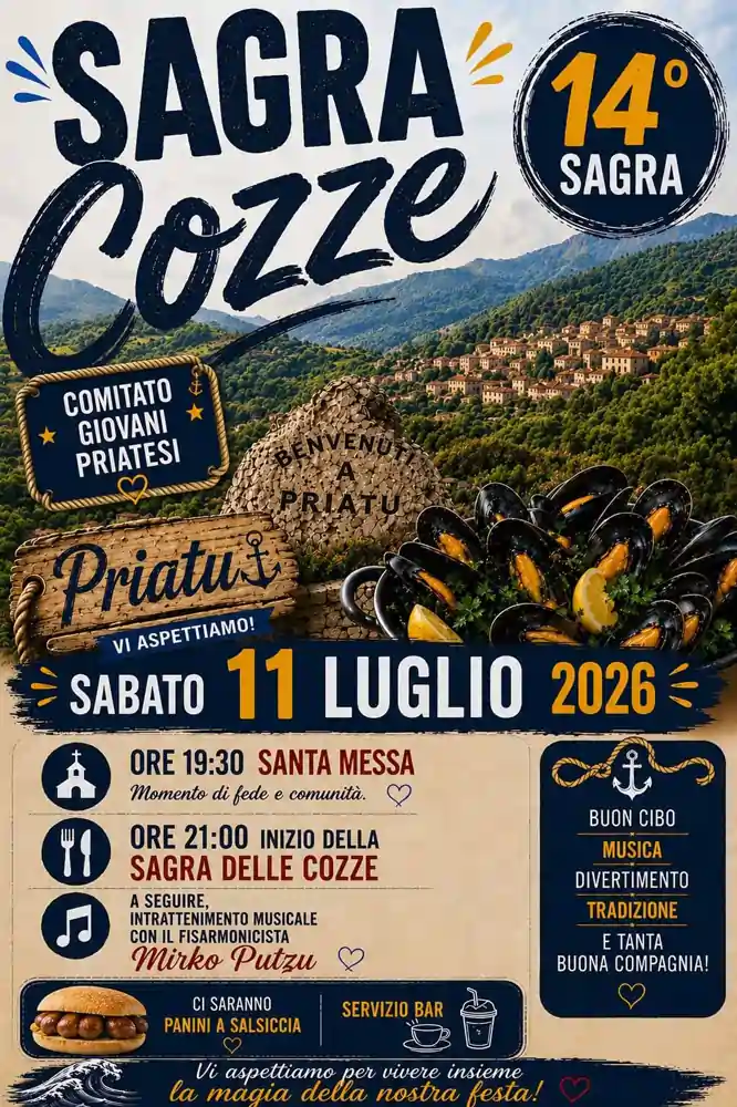 Sagra delle cozze di Priatu 2026, locandina con il programma ufficiale della 14ma edizione | In Sardegna con Dani