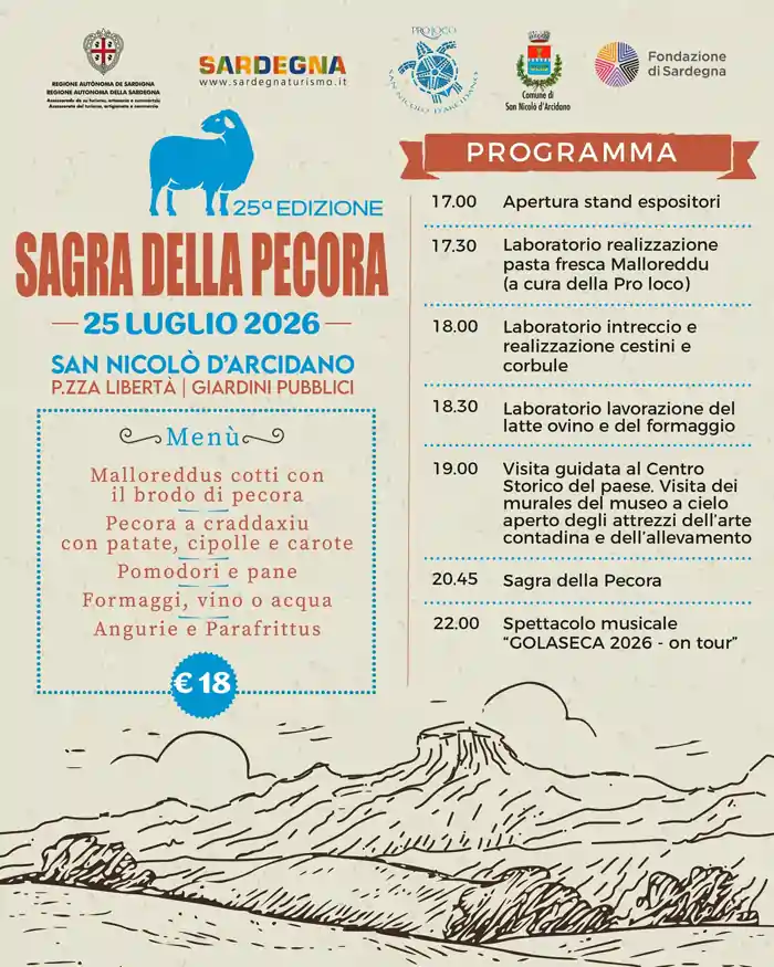 Sagra della pecora 2026 a San Nicolò d'Arcidano, locandina ufficiale con programma, menù e prezzo | In Sardegna con Dani