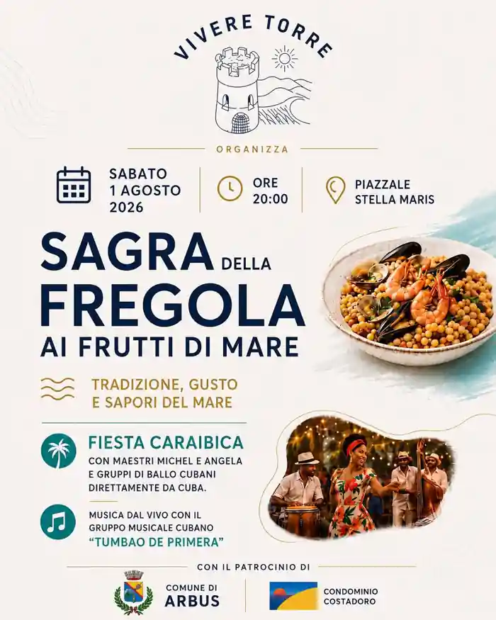 Sagra della fregula ai frutti di mare 2026 di Torre dei Corsari (Arbus), locandina con il programma completo | In Sardegna con Dani