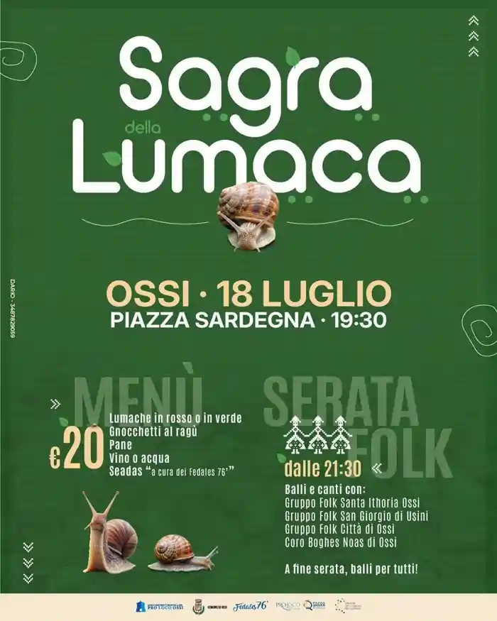 Sagra della lumaca 2026 di Ossi, manifesto con programma, menù e prezzi ufficiali | In Sardegna con Dani
