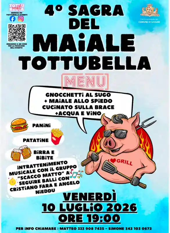 Sagra del maiale Tottubella 2026, locandina ufficiale dell'evento con il programma e il menù della sagra | In Sardegna con Dani