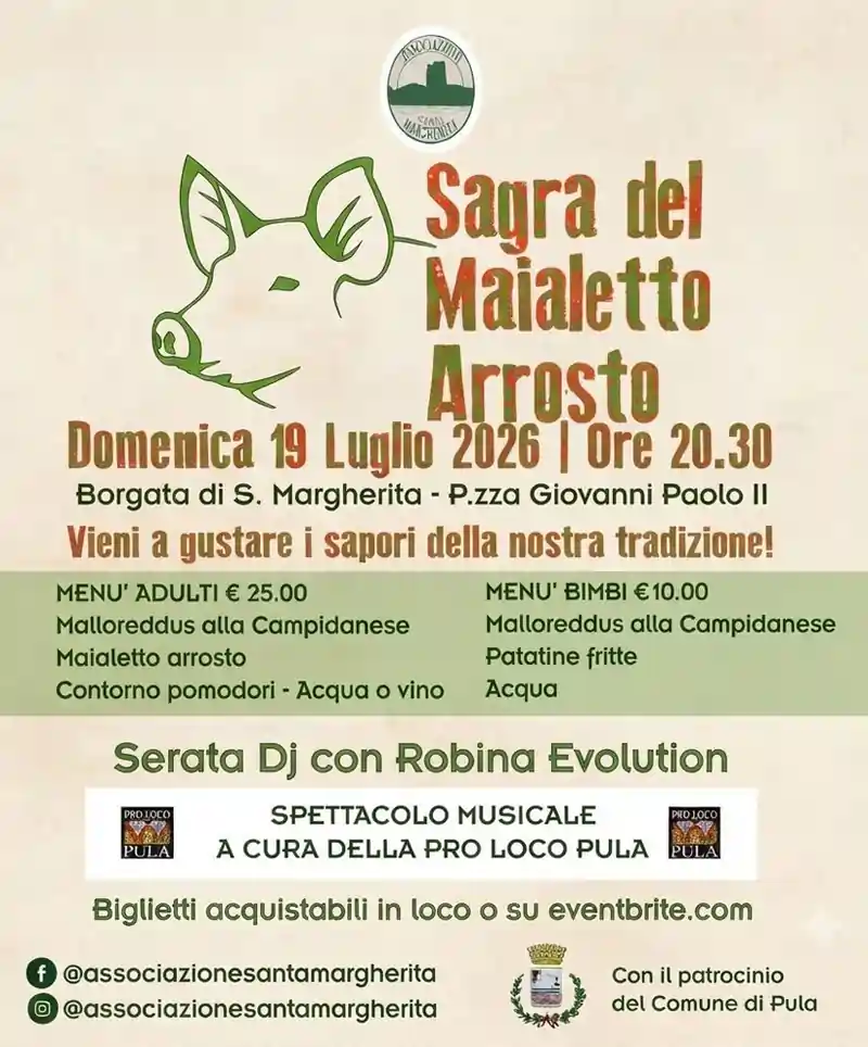 Sagra del maialetto 2026 Santa Margherita di Pula, manifesto con data e prezzo menu | In Sardegna con Dani