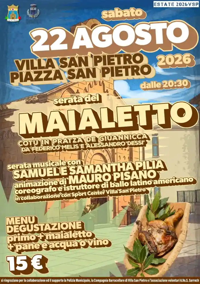 Sagra del maialetto 2026 di Villa San Pietro, locandina ufficiale con programma, data, luogo, orario di inizio, menù e prezzi | In Sardegna con Dani