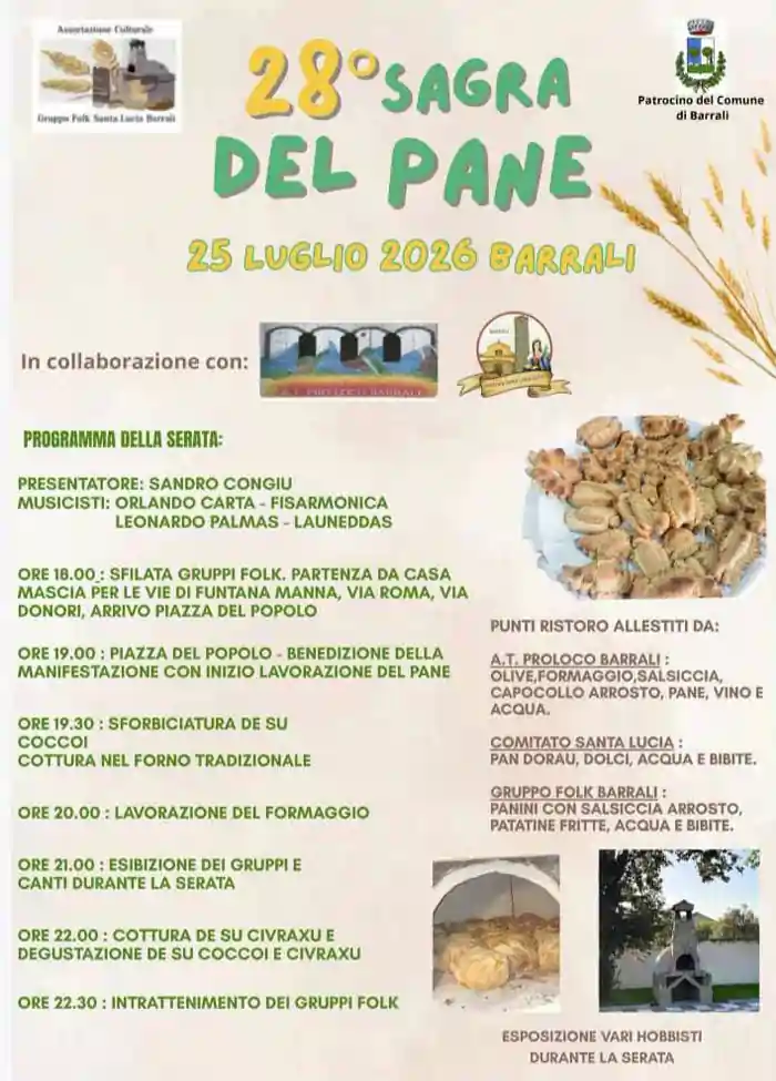 Sagra del pane di Barrali 2026, locandina con il programma ufficiale e i menù disponibili | In Sardegna con Dani