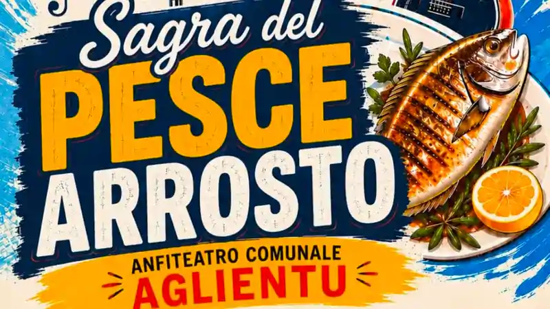 Sagra pesce arrosto aglientu 2026, manifesto con citazione della location | In Sardegna con Dani