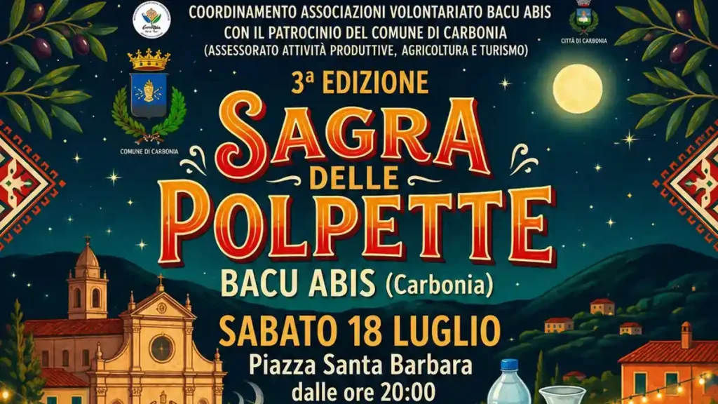 Sagra delle polpette 2026 a Bacu Abis, manifesto con data, orario e location | In Sardegna con Dani