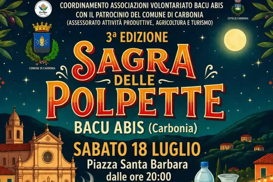 Sagra delle polpette 2026 a Bacu Abis, manifesto con data, orario e location | In Sardegna con Dani