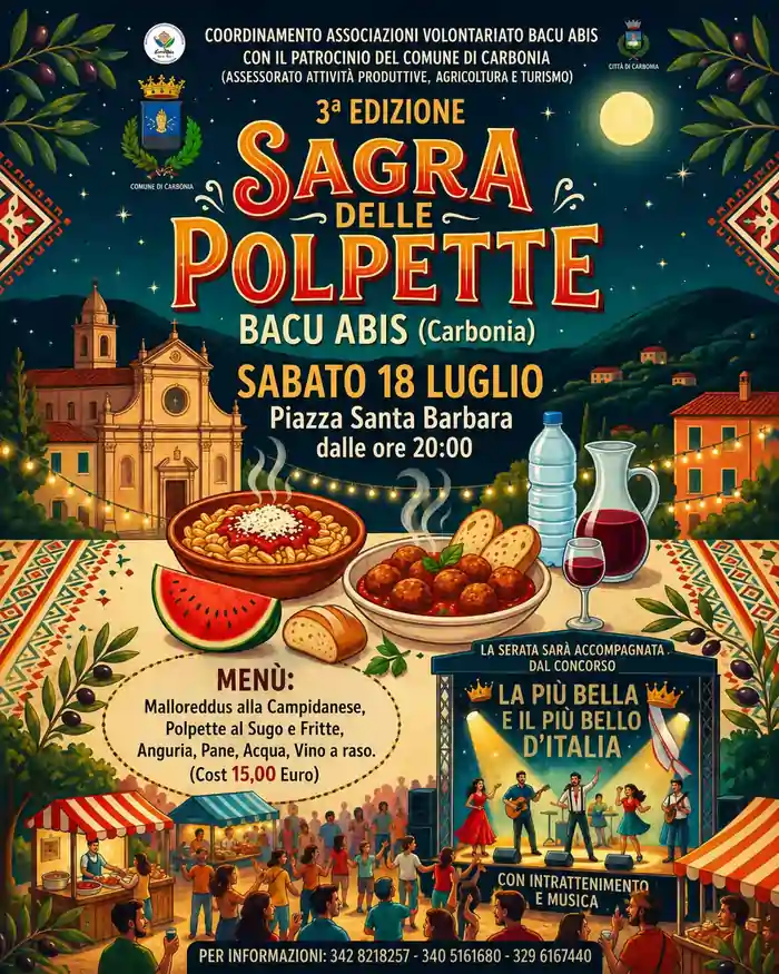 Sagra delle polpette 2026 a Bacu Abis, manifesto con il programma completo di menù e prezzi | In Sardegna con Dani