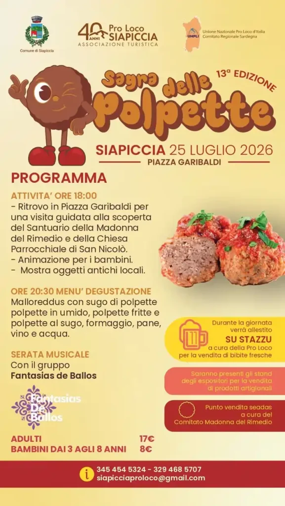 Sagra delle polpette 2026 a Siapiccia, locandina con programma, data e orari degli eventi | In Sardegna con Dani