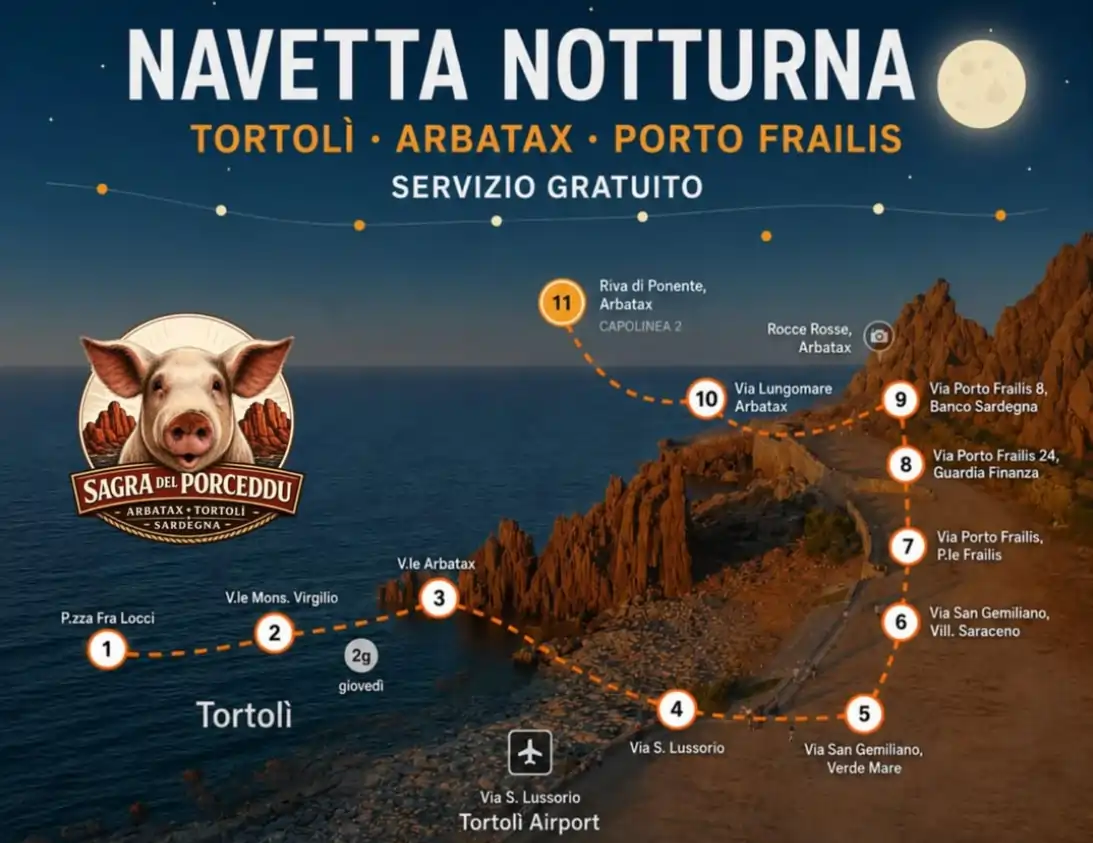 Sagra del porceddu Arbatax 2026, schema del percorso della navetta gratuita notturna | In Sardegna con Dani