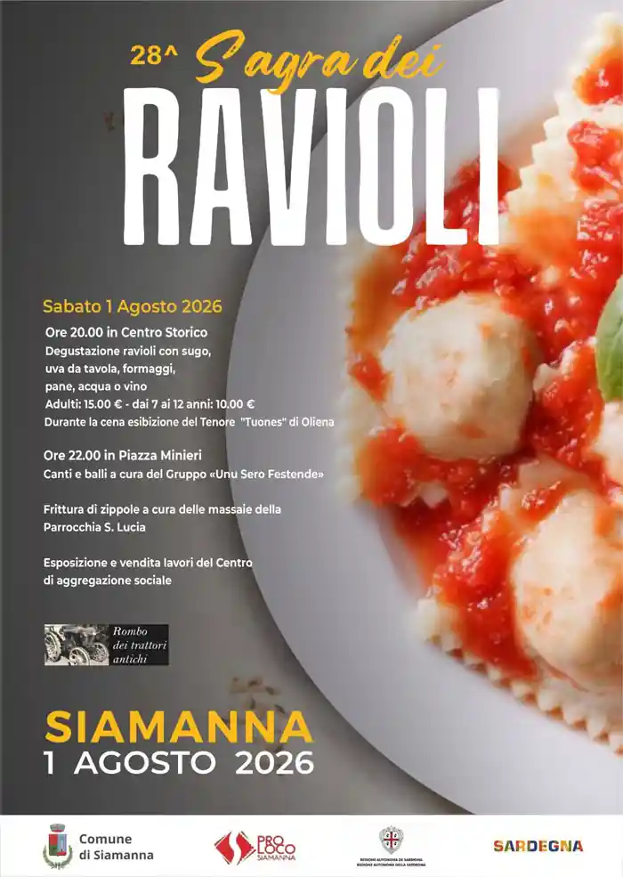 Locandina ufficiale della sagra dei ravioli 2026 di Siamanna con il programma completo dell'evento | In Sardegna con Dani