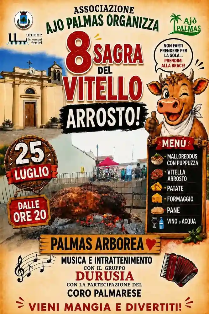 Sagra del vitello arrosto 2026 a Palmas Arborea, locandina con il programma ufficiale | In Sardegna con Dani