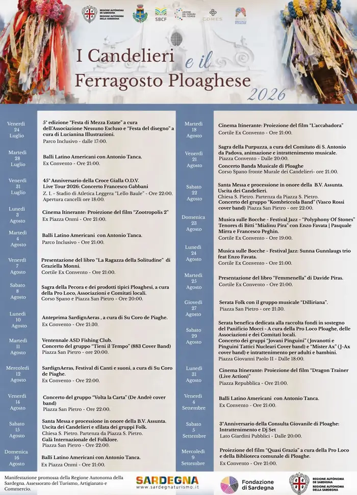 Manifesto con il calendario ufficiale degli eventi del Ferragosto Ploaghese 2026 | In Sardegna con Dani