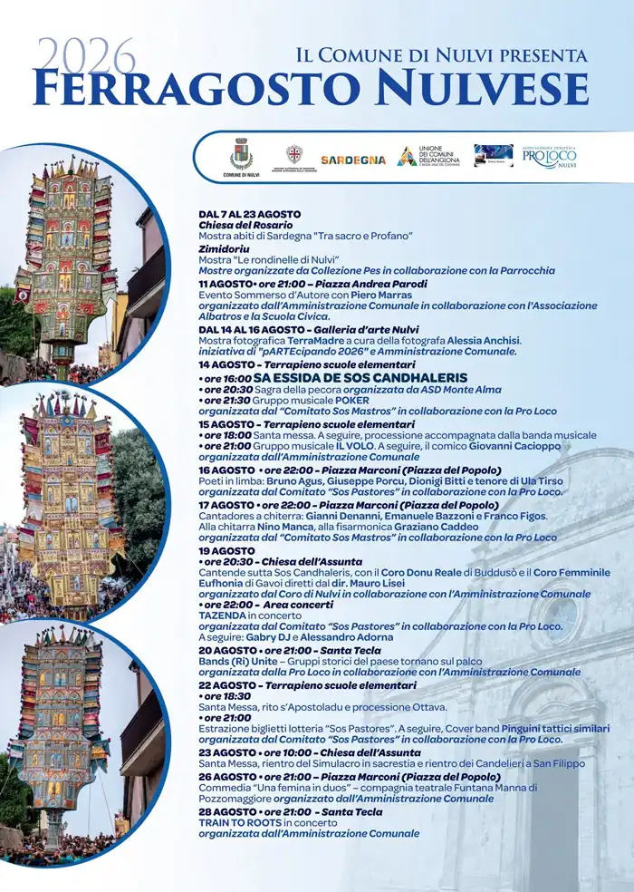 Manifesto con il calendario ufficiale degli eventi del Ferragosto Nulvese 2026 | In Sardegna con Dani