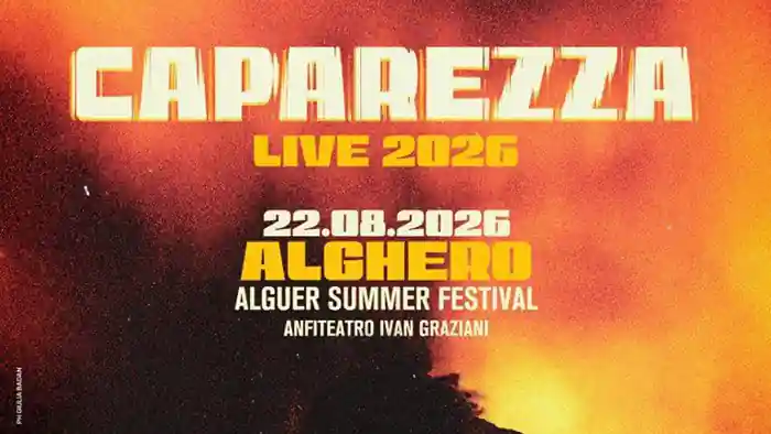 Caparezza in concerto ad Alghero il 22 agosto 2026, manifesto | In Sardegna con Dani