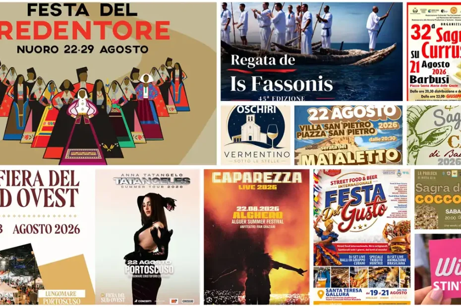 Eventi e sagre del 21, 22, 23 agosto 2026 in Sardegna, programma e manifesti | In Sardegna con Dani