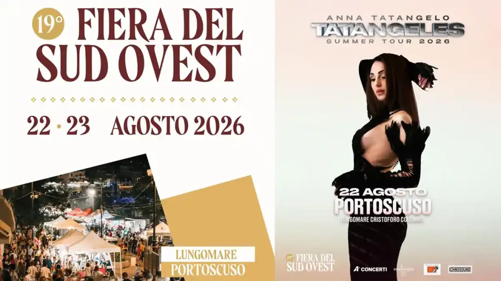 Fiera del Sud Ovest 2026 a Portoscuso con il concerto di Anna Tatangelo, manifesti | In Sardegna con Dani