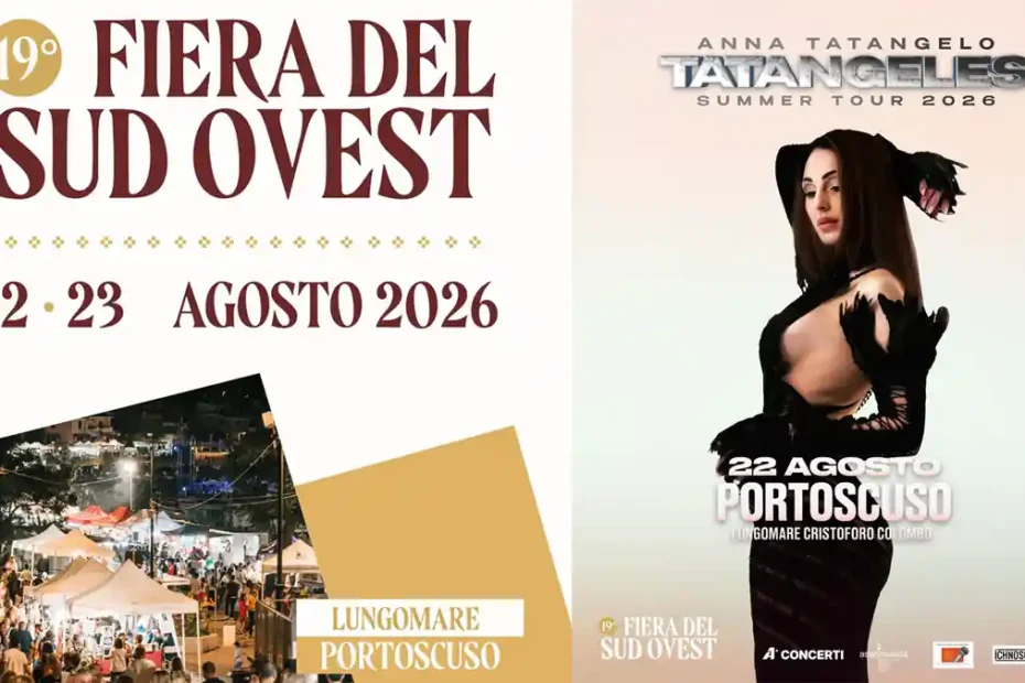 Fiera del Sud Ovest 2026 a Portoscuso con il concerto di Anna Tatangelo, manifesti | In Sardegna con Dani