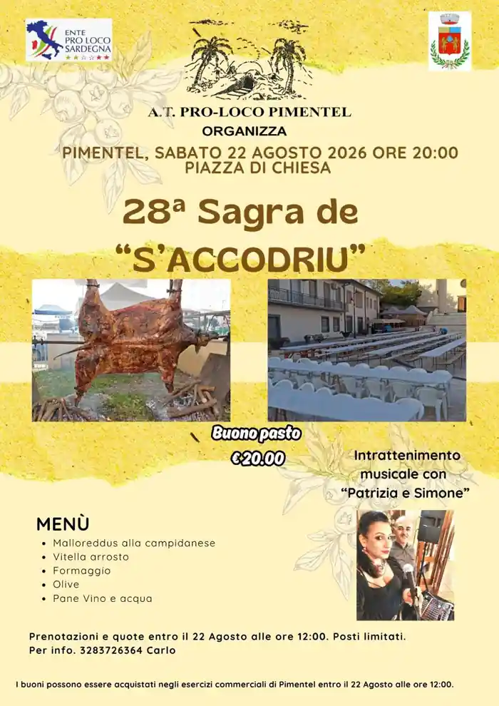 Sagra de s'accodriu 2026 a Pimentel, locandina ufficiale con il programma, menù, prezzo e come prenotare | In Sardegna con Dani