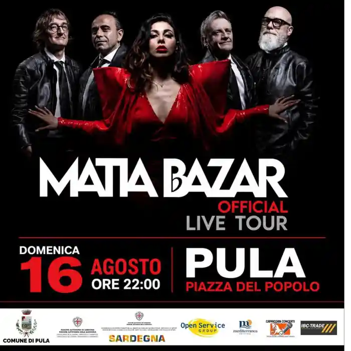 Locandina ufficiale del concerto dei Matia Bazar a Pula del 16 agosto 2026 | In Sardegna con Dani