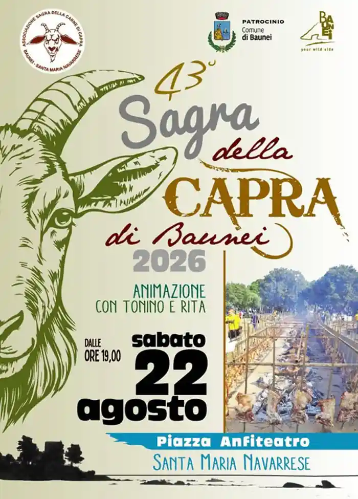 Sagra della Capra di Baunei 2026 a Santa Maria Navarrese, manifesto ufficiale con data, programma, orari e luogo | In Sardegna con Dani